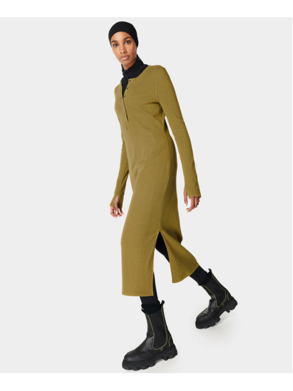 SWEATY BETTY HENLEY LONG SLEEVE MIDI DRESS IN WOODLAND GREEN SIZE MEDIUM